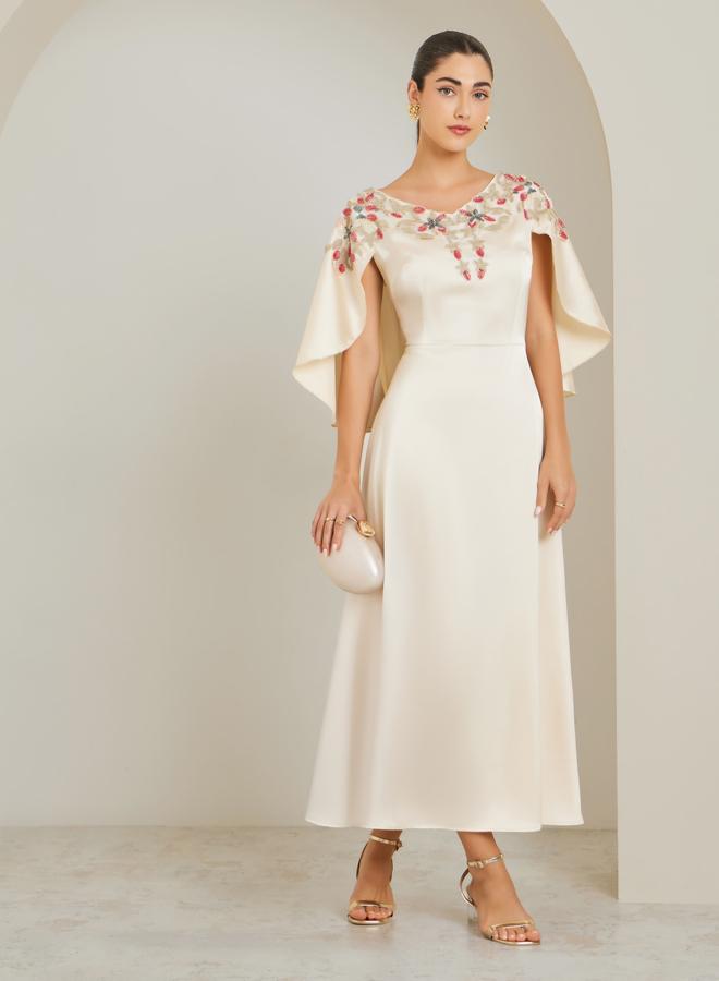 Styli Cream Embellished Cape Sleeve Sheath Maxi Dress - Image 2
